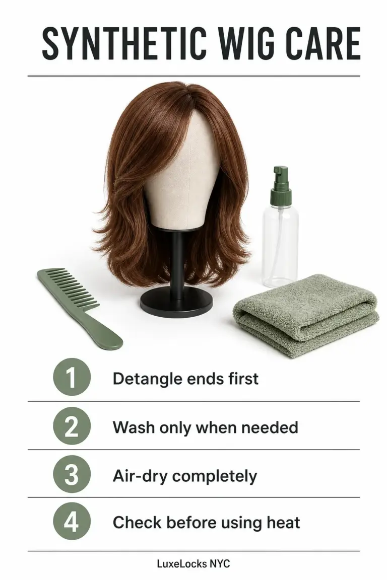 Synthetic wig care quick reference with a brown wig, comb, towel and four care steps