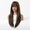 Warm Brown Long Wavy Wig with Bangs – Layered Synthetic Hair 24 Inch Front mannequin view of warm brown straight wig with full bangs