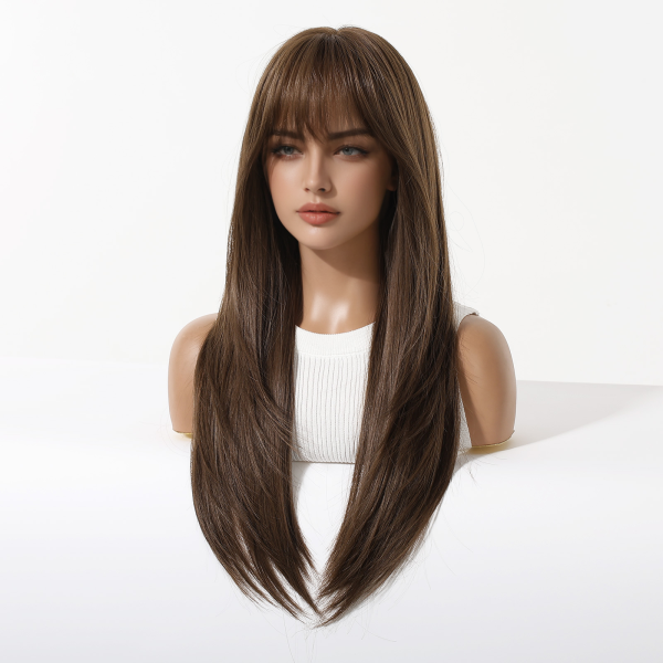 Warm Brown Long Wavy Wig with Bangs – Layered Synthetic Hair 24 Inch Front mannequin view of warm brown straight wig with full bangs