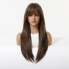 Warm Brown Long Wavy Wig with Bangs – Layered Synthetic Hair 24 Inch Full-length front view of warm brown long straight wig