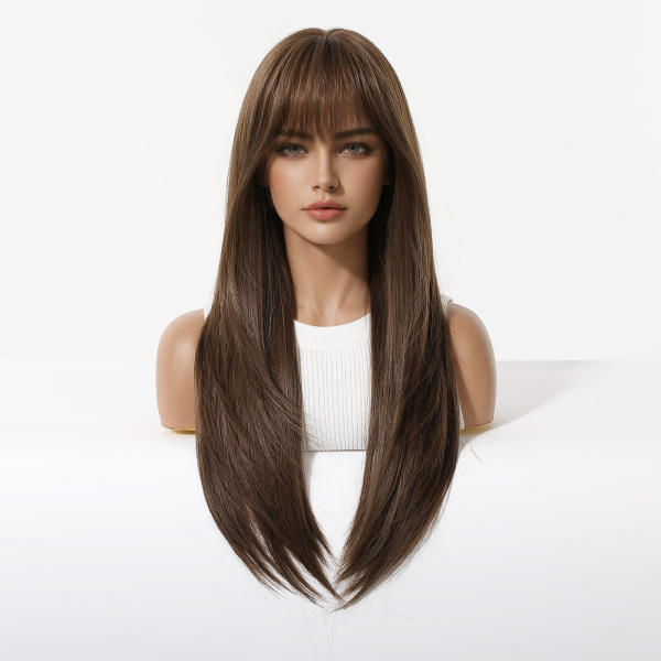 Warm Brown Long Wavy Wig with Bangs – Layered Synthetic Hair 24 Inch Full-length front view of warm brown long straight wig