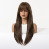 Warm Brown Long Wavy Wig with Bangs – Layered Synthetic Hair 24 Inch Warm brown 24 inch straight wig shown from the front