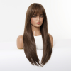 Warm Brown Long Wavy Wig with Bangs – Layered Synthetic Hair 24 Inch Three-quarter view of warm brown long straight wig with bangs