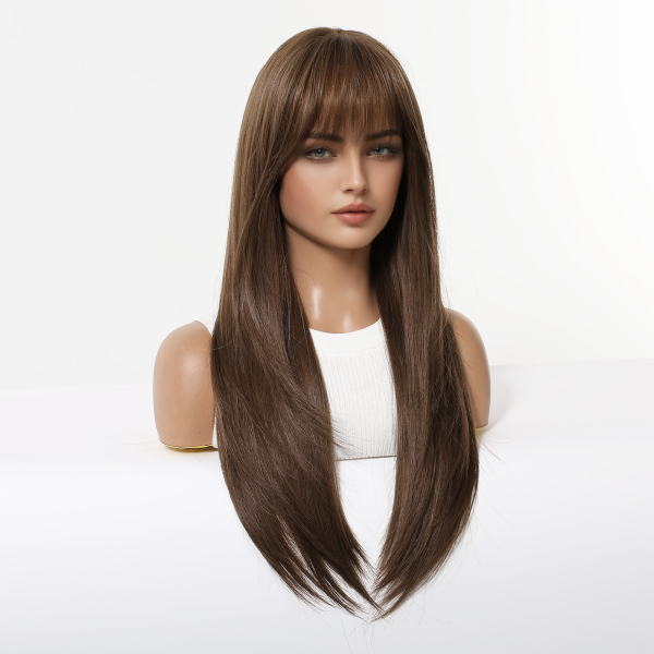 Warm Brown Long Wavy Wig with Bangs – Layered Synthetic Hair 24 Inch Three-quarter view of warm brown long straight wig with bangs