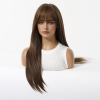 Warm Brown Long Wavy Wig with Bangs – Layered Synthetic Hair 24 Inch Side view of warm brown long straight synthetic wig