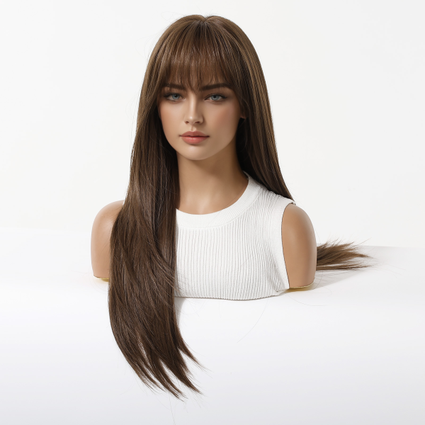 Warm Brown Long Wavy Wig with Bangs – Layered Synthetic Hair 24 Inch Side view of warm brown long straight synthetic wig
