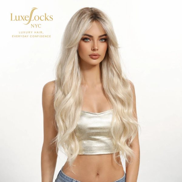 26 Inch Platinum Blonde Long Wavy Wig – Dark-Rooted Icy Synthetic Hair 26 Inch Platinum Blonde Long Wavy Wig – Dark-Rooted Icy Synthetic Hair