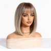 Ash Blonde Short Bob Wig with Bangs – Rooted Dark Tips Straight Synthetic Hair 14 Inch Ash Blonde Short Bob Wig with Bangs – Rooted Dark Tips Straight Synthetic Hair 14 Inch