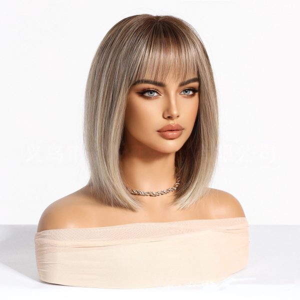 Ash Blonde Short Bob Wig with Bangs – Rooted Dark Tips Straight Synthetic Hair 14 Inch Ash Blonde Short Bob Wig with Bangs – Rooted Dark Tips Straight Synthetic Hair 14 Inch