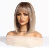 Ash Blonde Short Bob Wig with Bangs – Rooted Dark Tips Straight Synthetic Hair 14 Inch Ash Blonde Short Bob Wig with Bangs – Rooted Dark Tips Straight Synthetic Hair 14 Inch