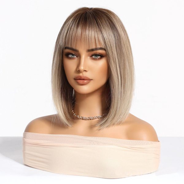 Ash Blonde Short Bob Wig with Bangs – Rooted Dark Tips Straight Synthetic Hair 14 Inch Ash Blonde Short Bob Wig with Bangs – Rooted Dark Tips Straight Synthetic Hair 14 Inch