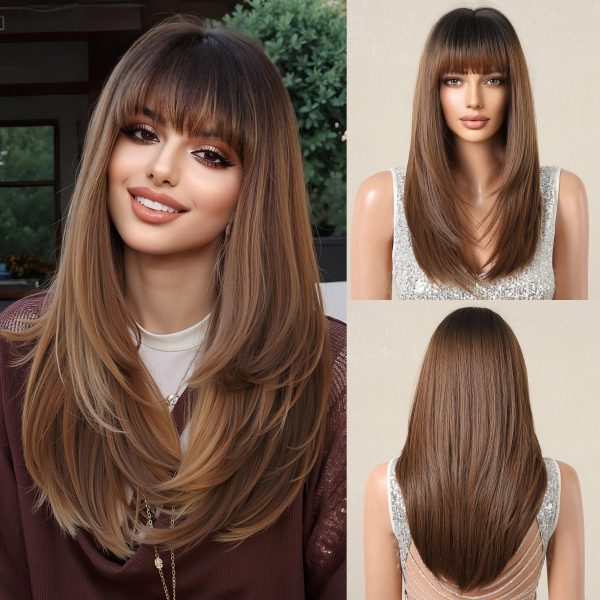 Ash Brown Long Straight Wig with Bangs – Caramel Honey Blonde Highlights Ash Brown Long Straight Wig with Bangs – Caramel Honey Blonde Highlights
