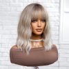 Ash Blonde Rooted Body Wave Wig with Bangs – Dark Root Platinum Tips Synthetic Hair