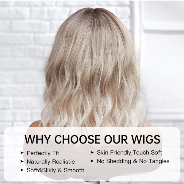 Ash Blonde Rooted Body Wave Wig with Bangs – Dark Root Platinum Tips Synthetic Hair