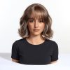 10 Inch Brown Wavy Bob Wig with Bangs – Caramel Highlight Synthetic Hair