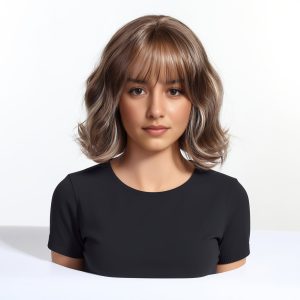 10 Inch Brown Wavy Bob Wig with Bangs - Caramel Highlight Synthetic Hair