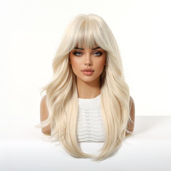 22 Inch Ash Blonde Wavy Wig with Bangs – Layered Synthetic Hair 22 Inch Ash Blonde Wavy Wig with Bangs – Layered Synthetic Hair