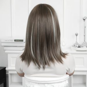 16 Inch Brown Bob Wig with Bangs - Silver Balayage Synthetic Hair