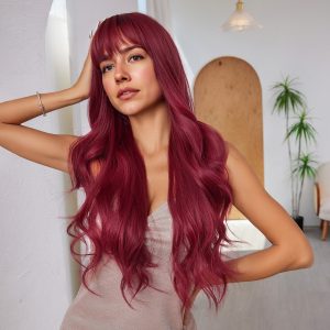 26 Inch Wine Red Long Wavy Wig with Bangs – Deep Burgundy Synthetic Hair 26 Inch Wine Red Long Wavy Wig with Bangs – Deep Burgundy Synthetic Hair