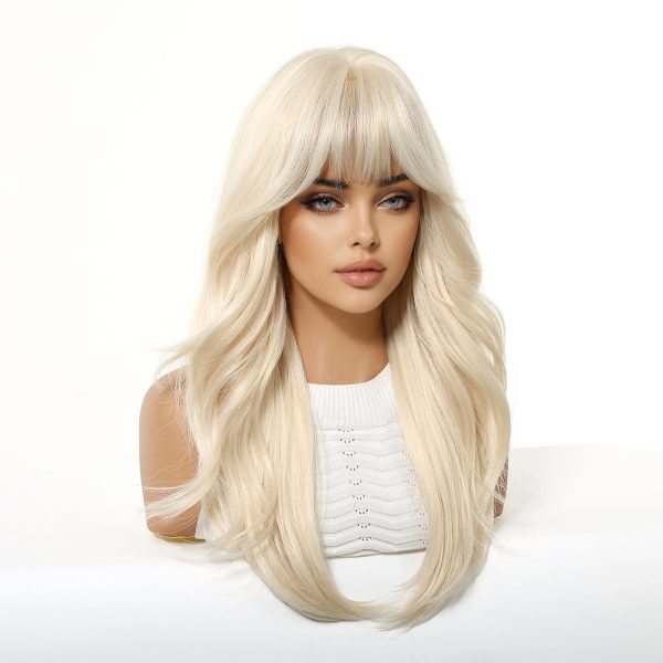 22 Inch Ash Blonde Wavy Wig with Bangs – Layered Synthetic Hair 22 Inch Ash Blonde Wavy Wig with Bangs – Layered Synthetic Hair