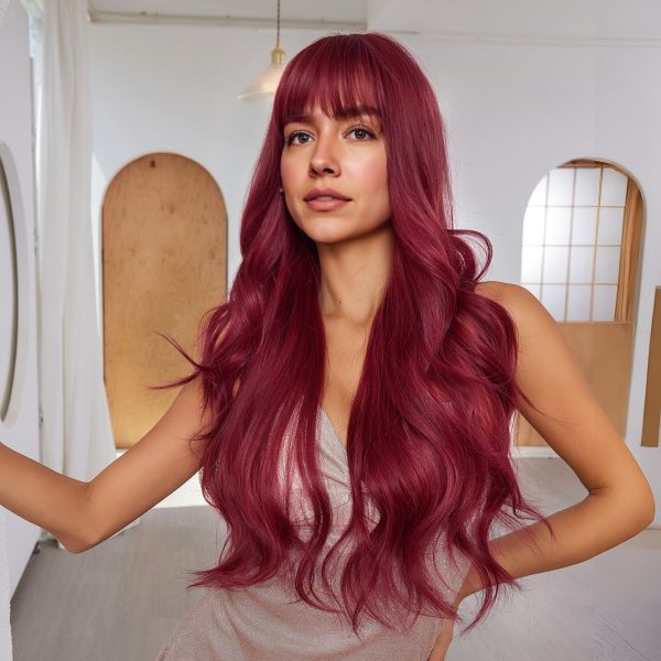 26 Inch Wine Red Long Wavy Wig with Bangs – Deep Burgundy Synthetic Hair 26 Inch Wine Red Long Wavy Wig with Bangs – Deep Burgundy Synthetic Hair