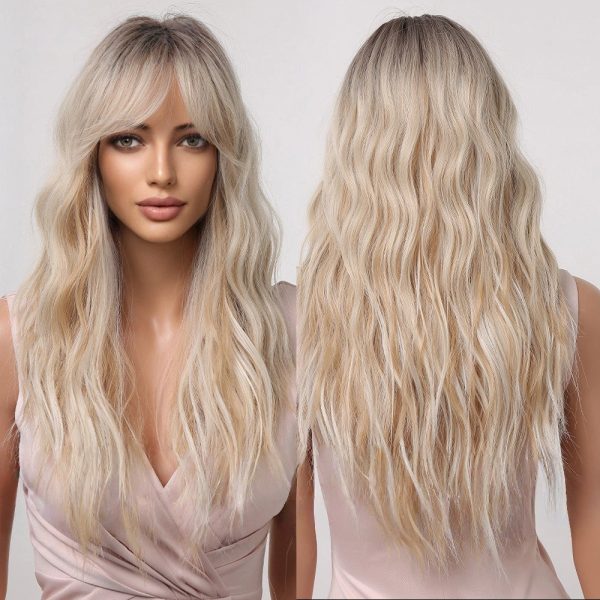 Platinum Blonde Long Body Wave Wig with Bangs – Rooted Ash Golden Synthetic Hair Platinum Blonde Long Body Wave Wig with Bangs – Rooted Ash Golden Synthetic Hair
