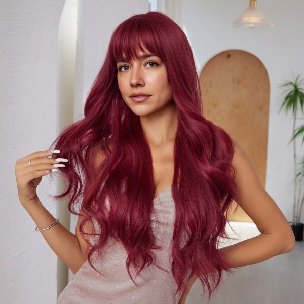 26 Inch Wine Red Long Wavy Wig with Bangs – Deep Burgundy Synthetic Hair 26 Inch Wine Red Long Wavy Wig with Bangs – Deep Burgundy Synthetic Hair