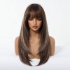 22 Inch Chestnut Brown Balayage Wavy Wig with Bangs – Synthetic Hair