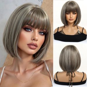 Ash Blonde Short Bob Wig with Bangs – Light Icy Cool-Tone Synthetic Hair 10 Inch