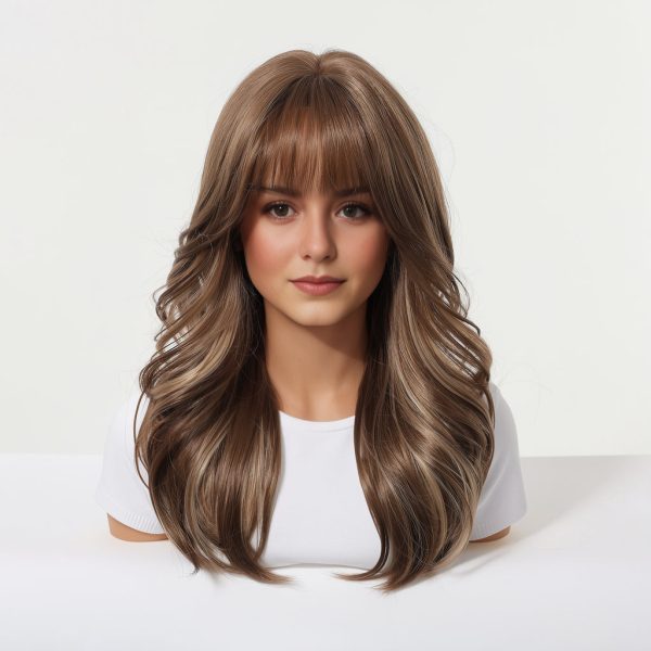 20 Inch Chestnut Brown Balayage Wavy Wig with Bangs – Synthetic Hair