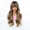 24 Inch Brown Balayage Body Wave Wig with Bangs – Synthetic Hair