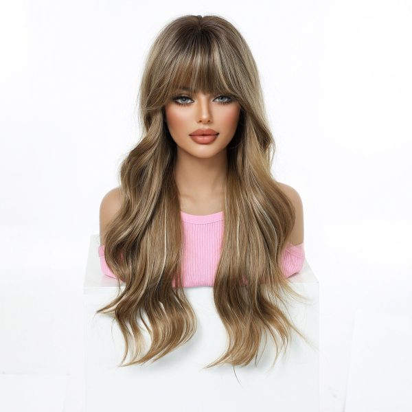 24 Inch Brown Balayage Body Wave Wig with Bangs – Synthetic Hair