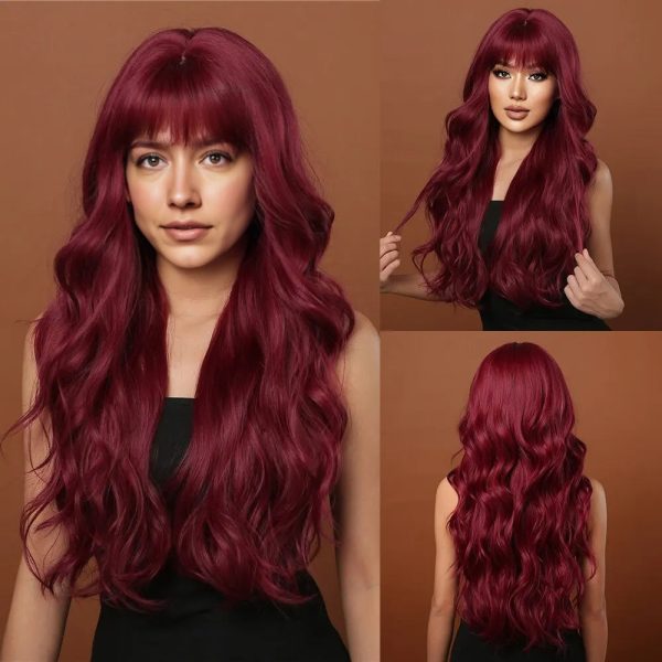 26 Inch Wine Red Long Wavy Wig with Bangs – Deep Burgundy Synthetic Hair 26 Inch Wine Red Long Wavy Wig with Bangs – Deep Burgundy Synthetic Hair