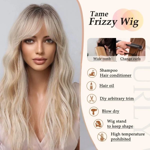 Platinum Blonde Long Body Wave Wig with Bangs – Rooted Ash Golden Synthetic Hair Platinum Blonde Long Body Wave Wig with Bangs – Rooted Ash Golden Synthetic Hair