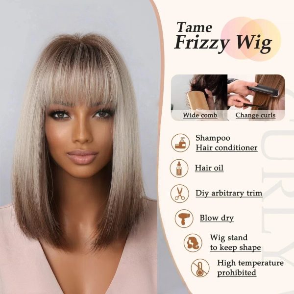 Ash Blonde Rooted Short Bob Wig – Dark Root Silver Tip Synthetic Hair