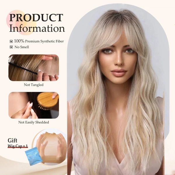 Platinum Blonde Long Body Wave Wig with Bangs – Rooted Ash Golden Synthetic Hair Platinum Blonde Long Body Wave Wig with Bangs – Rooted Ash Golden Synthetic Hair