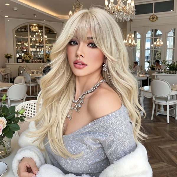 22 Inch Ash Blonde Wavy Wig with Bangs – Layered Synthetic Hair 22 Inch Ash Blonde Wavy Wig with Bangs – Layered Synthetic Hair