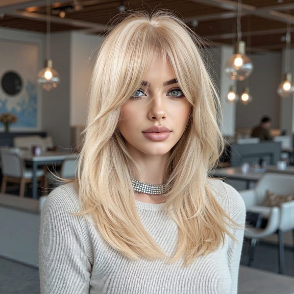 18 Inch Platinum Blonde Balayage Mid-Length Wavy Wig – Layered Synthetic Hair