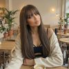 Warm Brown Long Wavy Wig with Bangs – Layered Synthetic Hair 24 Inch