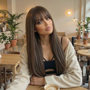 Warm Brown Long Wavy Wig with Bangs – Layered Synthetic Hair 24 Inch