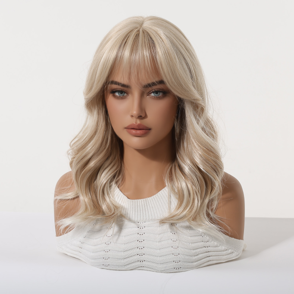 Ash Blonde Mid-Length Straight Wig with Bangs – Layered Synthetic Hair 16 Inch Ash Blonde Mid-Length Straight Wig with Bangs – Layered Synthetic Hair 16 Inch