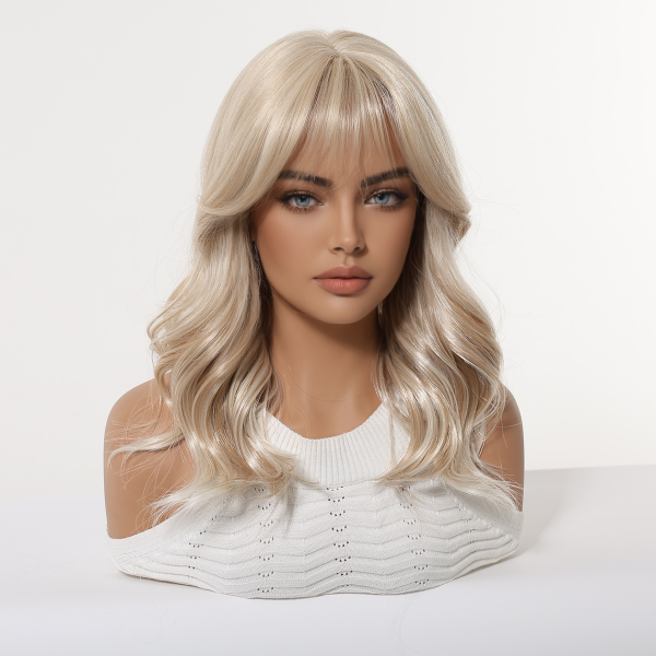Ash Blonde Mid-Length Straight Wig with Bangs – Layered Synthetic Hair 16 Inch Ash Blonde Mid-Length Straight Wig with Bangs – Layered Synthetic Hair 16 Inch