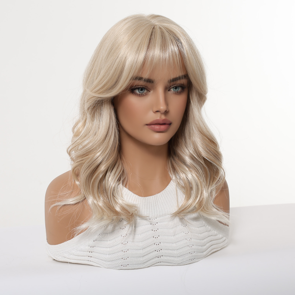 Ash Blonde Mid-Length Straight Wig with Bangs – Layered Synthetic Hair 16 Inch Ash Blonde Mid-Length Straight Wig with Bangs – Layered Synthetic Hair 16 Inch