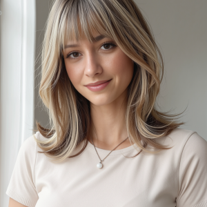 16 Inch Brown to Blonde Balayage Lob Wig with Bangs – Synthetic Hair 16 Inch Brown to Blonde Balayage Lob Wig with Bangs – Synthetic Hair