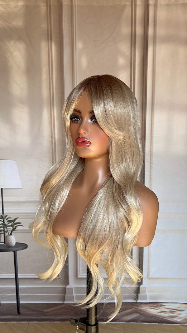 26 Inch Platinum Blonde Long Wavy Wig – Dark-Rooted Icy Synthetic Hair 26 Inch Platinum Blonde Long Wavy Wig – Dark-Rooted Icy Synthetic Hair