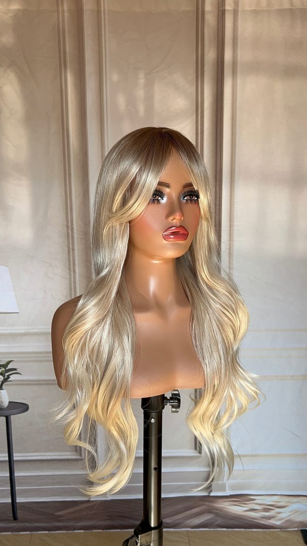 26 Inch Platinum Blonde Long Wavy Wig – Dark-Rooted Icy Synthetic Hair 26 Inch Platinum Blonde Long Wavy Wig – Dark-Rooted Icy Synthetic Hair
