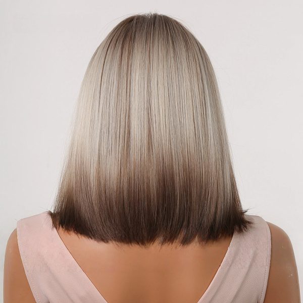 Ash Blonde Rooted Short Bob Wig – Dark Root Silver Tip Synthetic Hair