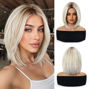 12 Inch Platinum Ash Blonde Short Bob Wig with Bangs – Layered Synthetic Hair