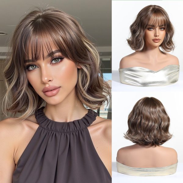 10 Inch Brown Wavy Bob Wig with Bangs – Caramel Highlight Synthetic Hair