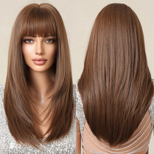 Ash Brown Long Straight Wig with Bangs – Caramel Honey Blonde Highlights Ash Brown Long Straight Wig with Bangs – Caramel Honey Blonde Highlights